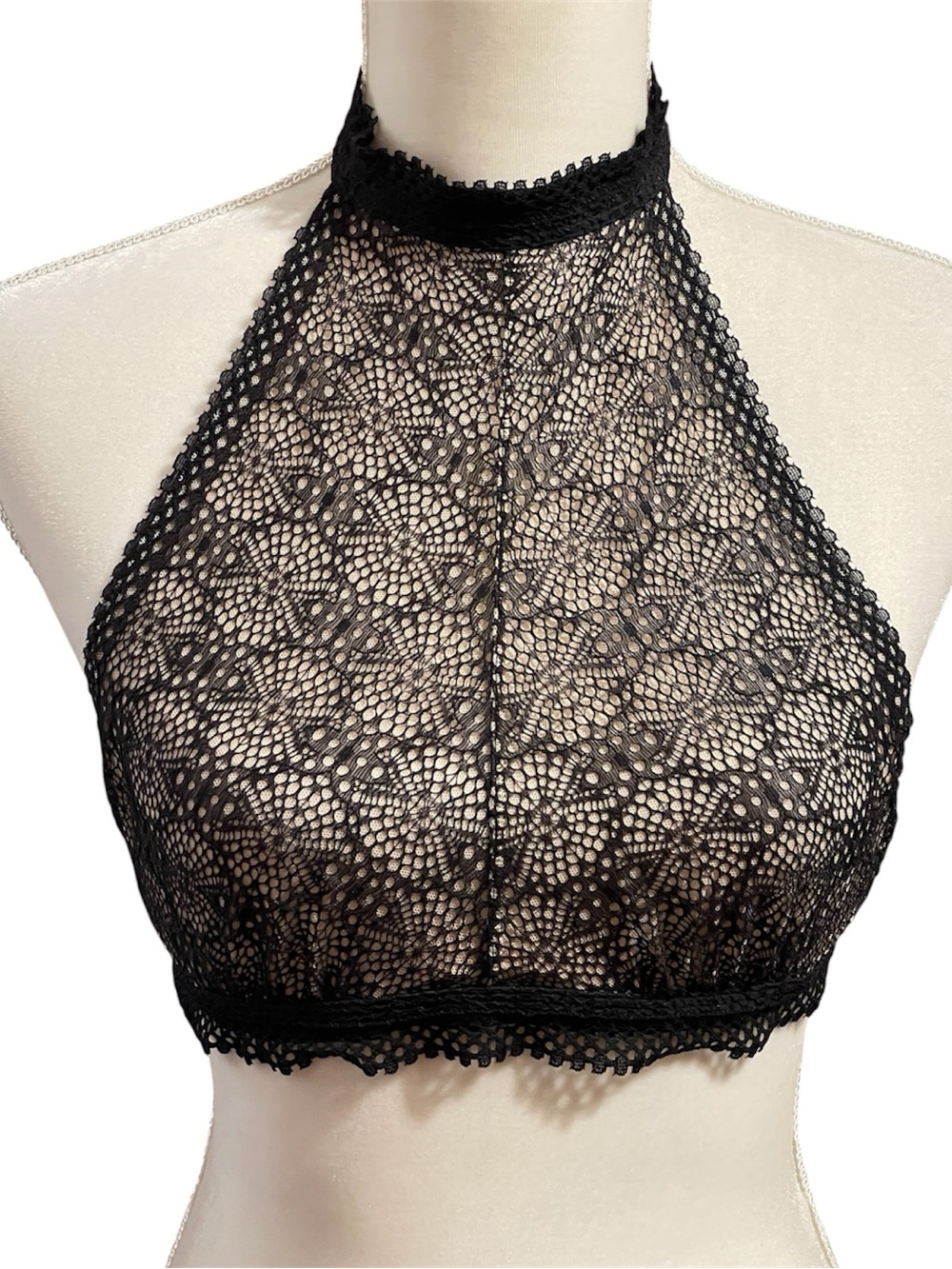 Victoria’s Secret High Neck Lace Halter Bralette Sheer Black Size S Witchy Goth